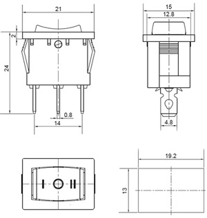 Рис.1.Схема габаритных размеров клавишного переключателя KCD1-2-103